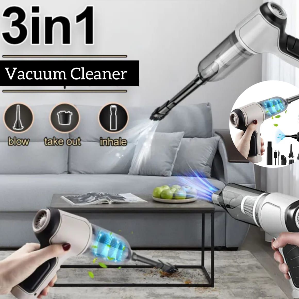 3-in-1 Rechargeable Vacuum Cleaner AS-228 – Powerful Suction for Car, Home, Office & Quick Cleaning